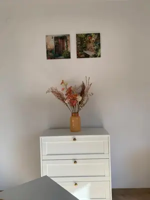 a white dresser with a vase on top of it at Sophie Studio - Top center, Cozy & Work-Friendly near AUBG, Free streaming platforms in Blagoevgrad