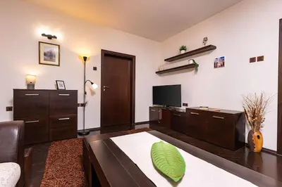 a living room with a couch and a television at Quiet Apartment in Plovdiv Ricky Home in Plovdiv