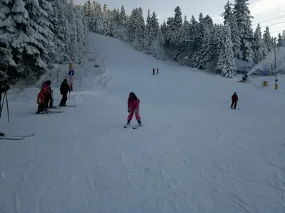 a group of people skiing down a snow covered slope at Zodiac House in Samokov