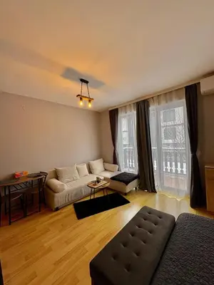 a living room with a couch and a table at Bansko Cozy Peak in Bansko