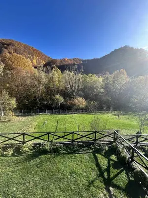 a wooden bridge in a field with a mountain at Къща за гости Лъките in Divchovoto