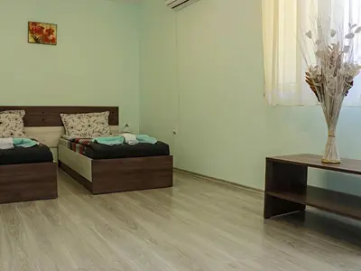 a room with two beds and a vase of flowers at АПАРТАМЕНТ ЗА ГОСТИ 