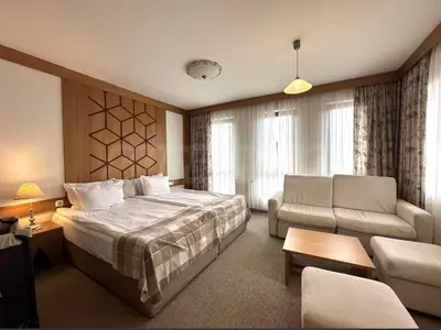 a hotel room with a bed and a couch at Cozy studio in Green Life Bansko in Bansko