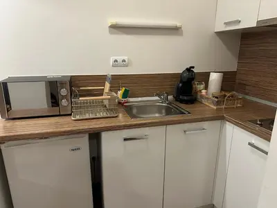 a kitchen counter with a sink and a microwave at Cozy studio in Green Life Bansko in Bansko