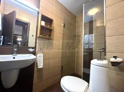 a bathroom with a toilet and a sink and a shower at Cozy studio in Green Life Bansko in Bansko