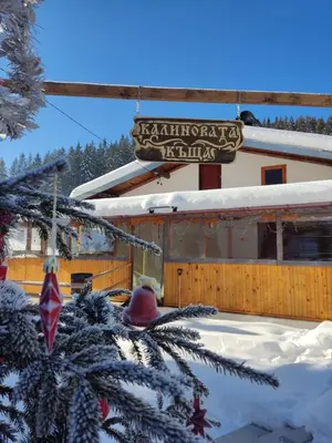a christmas tree in front of a building with a sign at Калиновата къща in Stoykite