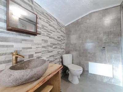 a bathroom with a stone sink and a toilet at Калиновата къща in Stoykite