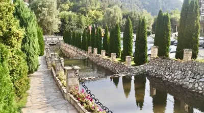 a stone bridge over a pond in a garden at Lorena Holiday Spa Свети Спас in Velingrad