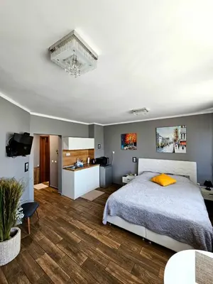 a bedroom with a large bed and a kitchen at Studio Secrets in Plovdiv