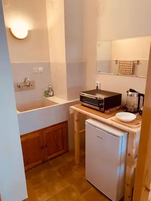 a kitchen with a counter with a toaster and a sink at Vita Stulba Guest House in Sandanski