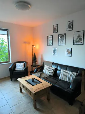 a living room with a black leather couch and a coffee table at Pine`s Lodge - Cozy studio with free Bottle of Wine, private WiFi, free Parking in Bansko