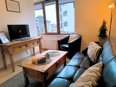 a living room with a leather couch and a coffee table at Pine`s Lodge - Cozy studio with free Bottle of Wine, private WiFi, free Parking in Bansko
