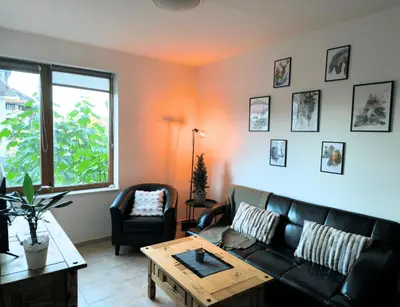 a living room with a black couch and a table at Pine`s Lodge - Cozy studio with free Bottle of Wine, private WiFi, free Parking in Bansko