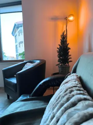 a living room with two chairs and a christmas tree at Pine`s Lodge - Cozy studio with free Bottle of Wine, private WiFi, free Parking in Bansko