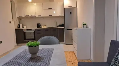 a kitchen with a refrigerator and a table and chairs at Apart Viki in Sandanski