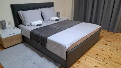 a bedroom with a large bed with two pillows at Apart Viki in Sandanski