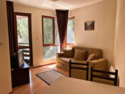 a living room with a couch and a tv at ICEBERG Ski Apartment No19 in Pamporovo