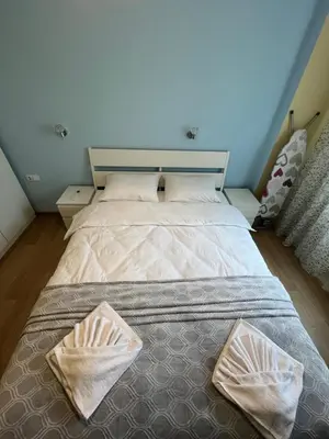 a bed in a room with two pillows on it at Уютен тристаен апаратамент,намиращ се на тиха и спокойна улица in Sofia