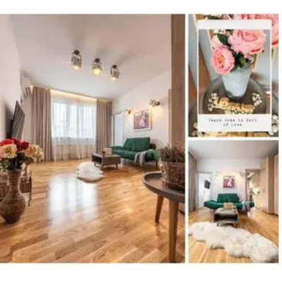 two pictures of a living room with a couch and a fireplace at Vespa Home Boutique Apartment in Sofia