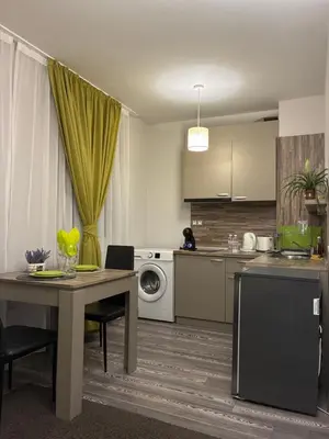 a kitchen with a table and a washing machine at Апартамент Димана in Hisarya