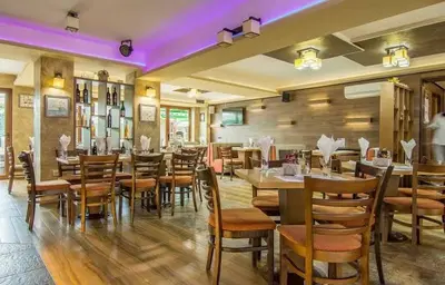 a restaurant with wooden tables and chairs and purple lighting at Mineral 56 in Banya
