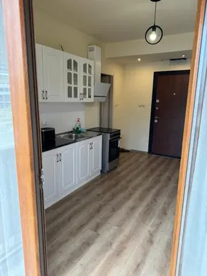a kitchen with white cabinets and a wooden floor at Simple and Affordable Apartment in Bansko with available parking space in Bansko