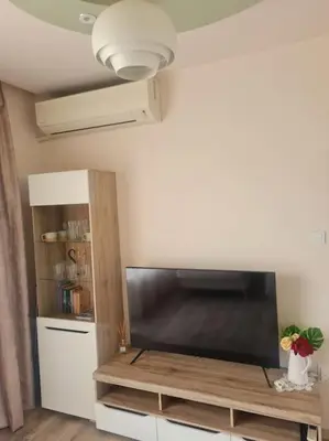 a living room with a large flat screen tv at Домът на Билкарката in Plovdiv