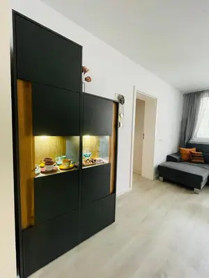 a large black cabinet in a living room at Apartament-DEMIAN in Sofia