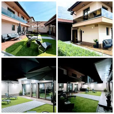 four different views of a house with a patio and a yard at Къща за гости Алегра in Garmen
