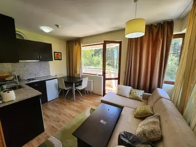 a living room with a couch and a kitchen at Pine tree Easy Ski access - Next 100m to Ski slope and forest view in Bansko