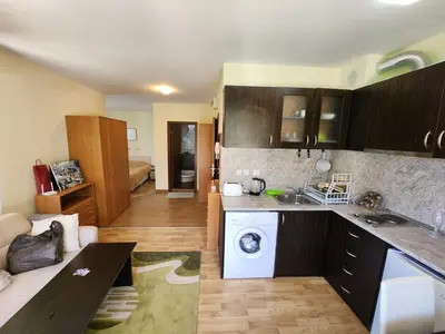 a kitchen and living room with a sink and a dishwasher at Pine tree Easy Ski access - Next 100m to Ski slope and forest view in Bansko