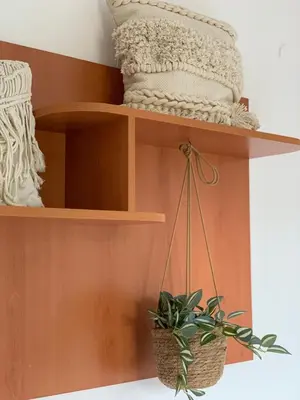 a wooden shelf with a plant on it at Mountain View Apartment with Balcony & Ski Access nearby - Serendipity in Bansko