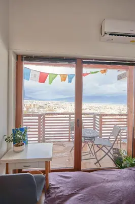 a room with a sliding glass door with a view at Panoramic 2 Bedroom Cabin Retreat Japanese Style in Bansko