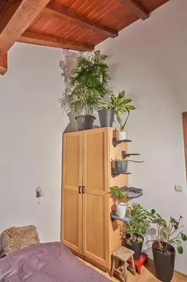 a room with a cabinet with potted plants on it at Panoramic 2 Bedroom Cabin Retreat Japanese Style in Bansko
