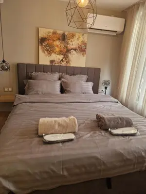a bedroom with a large bed with two towels on it at Daisy Garden by the Church in Razlog