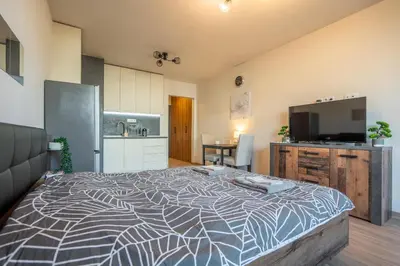 a bedroom with a large bed and a kitchen at Palitra Studio in Sofia