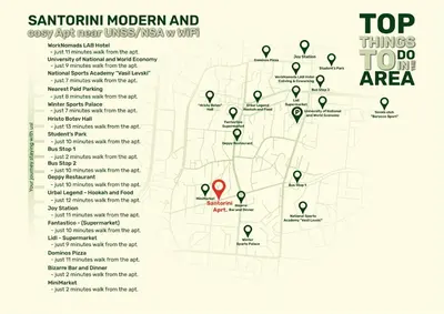 a map of the top things todo area at Santorini modern and cosy Apt near UNSS and NSA w WiFi in Sofia