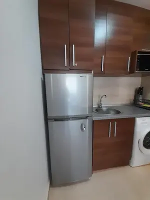a small kitchen with a refrigerator and a sink at Apartments Belvedere B303 in Bansko