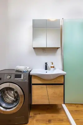 a bathroom with a washing machine and a sink at Casa Marincheshki in Orizari - 6км to Plovdiv in Orizari