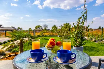 a glass table with two cups of orange juice and fruit at Casa Marincheshki in Orizari - 6км to Plovdiv in Orizari
