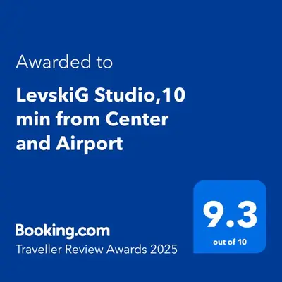 a screenshot of a phone with the text awarded to javascript studio min from center at LevskiG Studio 10 min from Sofia Airport and city centre in Sofia