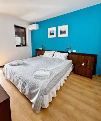 a bedroom with a large bed with a blue wall at Bansko&Ski in Bansko