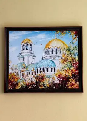 a painting of a church on a wall at Oborishte Family Elegance with Garden View in Sofia