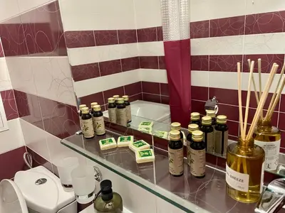 a bathroom with a shelf with many bottles of oils at GS SKI Apartment - The Grand Monastery Pamporovo in Pamporovo
