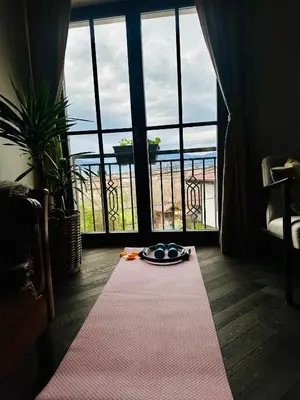 a room with a table with a plate on the floor at Newly Built Family Villa with a Hot Tub in Sopot