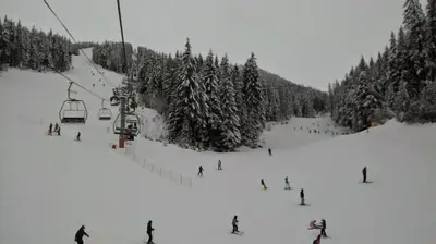a group of people skiing down a snow covered ski slope at Two-Bedroom Apartment in Fortuna in Bansko