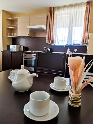 a kitchen with two cups and saucers on a table at Dream 1BRoom Private Apartment in Bansko