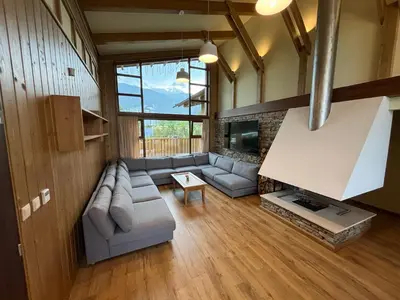 a living room with a couch and a fireplace at Villa Pirin Golf in Bansko