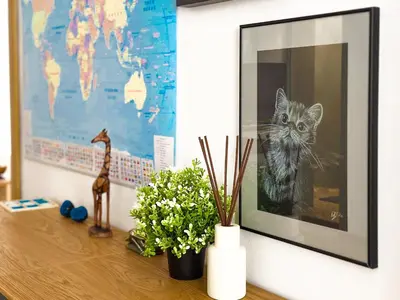 a shelf with a picture of a cat on a wall at Large 2-BR Retreat, Walk to Sofias Top Spots in Sofia