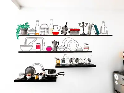 a group of shelves on a wall with dishes at Prime Spot - 2BR -15BTH - Next to Nevsky Church in Sofia